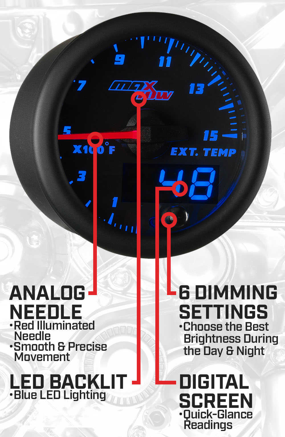 Black & Blue Double Vision 1500F Pyrometer EGT Gauge Features