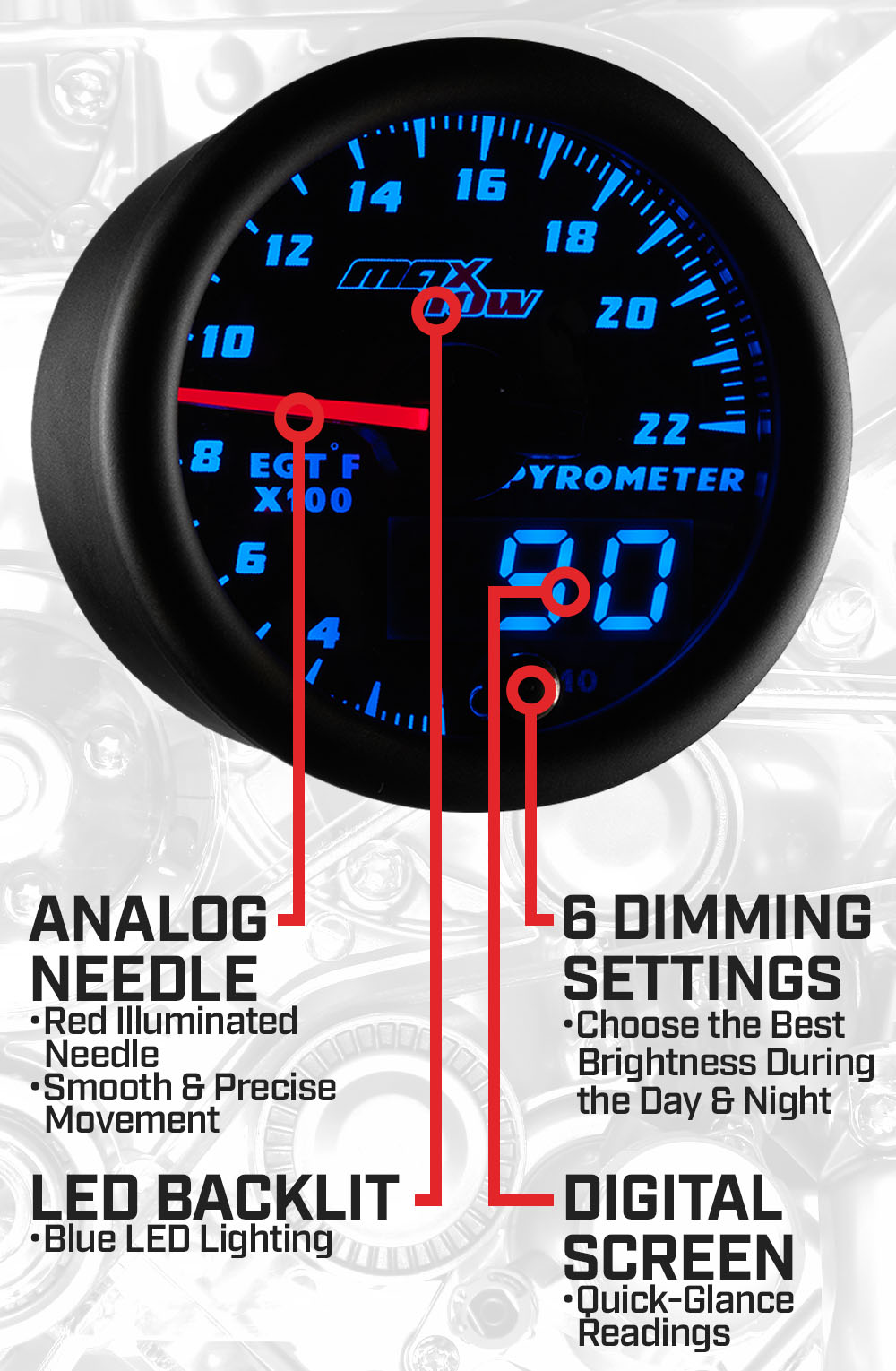 Black & Blue Double Vision 2200F Pyrometer EGT Gauge Features