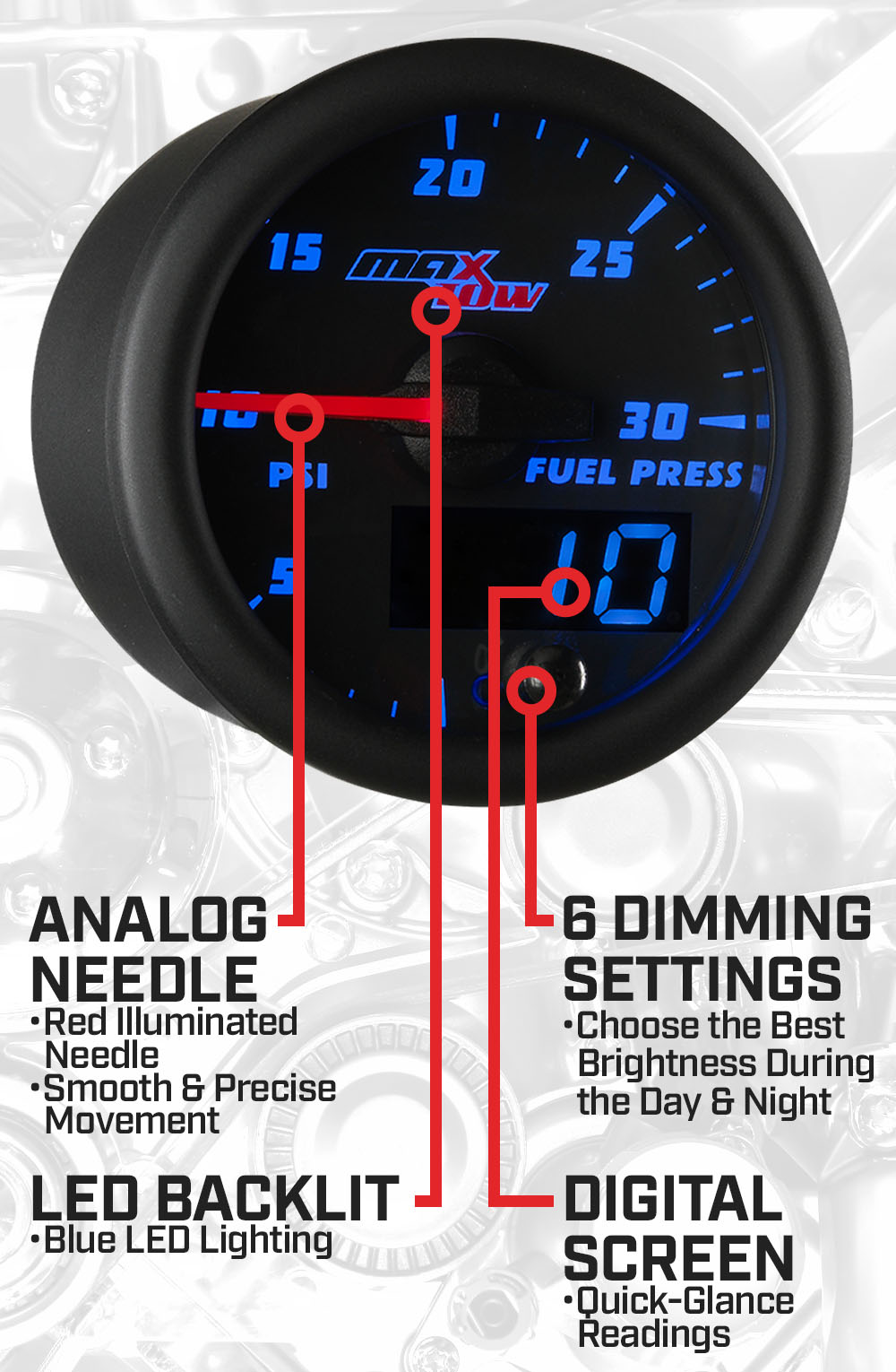 Black & Blue Double Vision 30 PSI Fuel Pressure Gauge Features