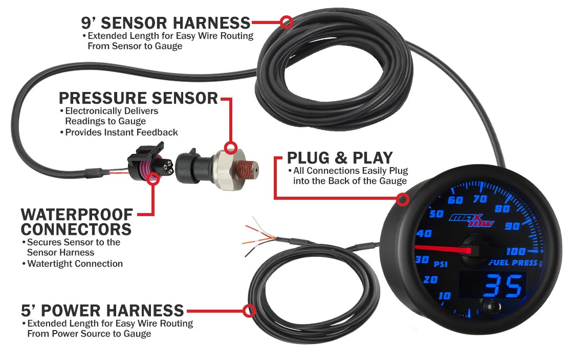 Black & Blue Double Vision 100 PSI Fuel Pressure Gauge Parts & Wiring