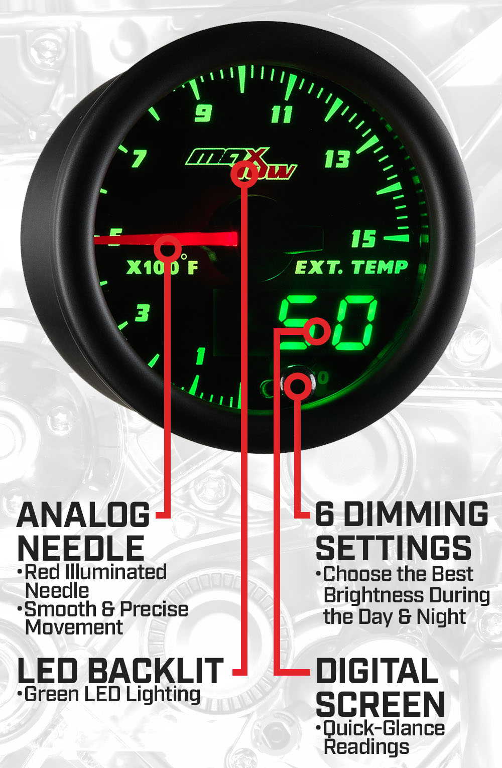 Black & Green Double Vision 1500F Pyrometer EGT Gauge Features