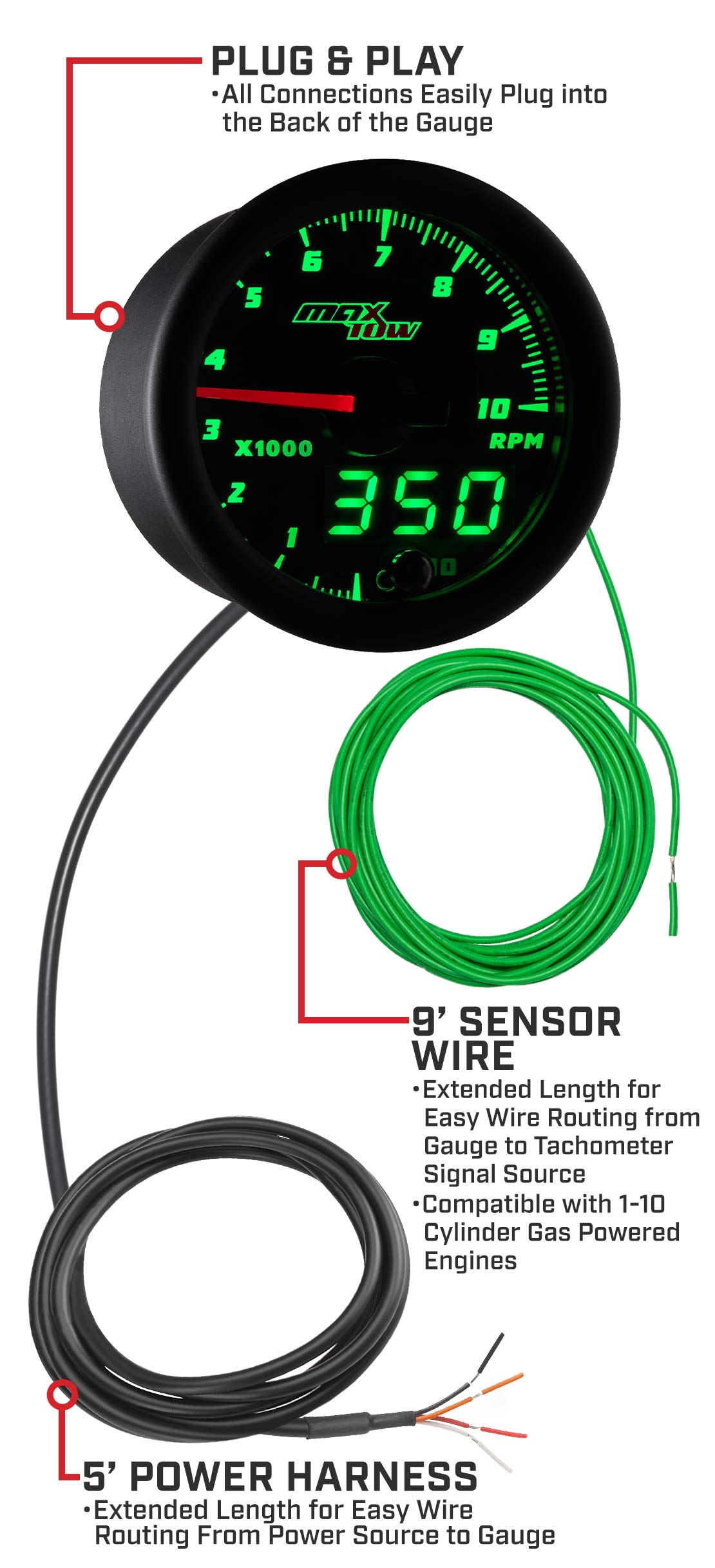 Black & Green Double Vision 2 Inch Tachometer Gauge Parts & Wiring