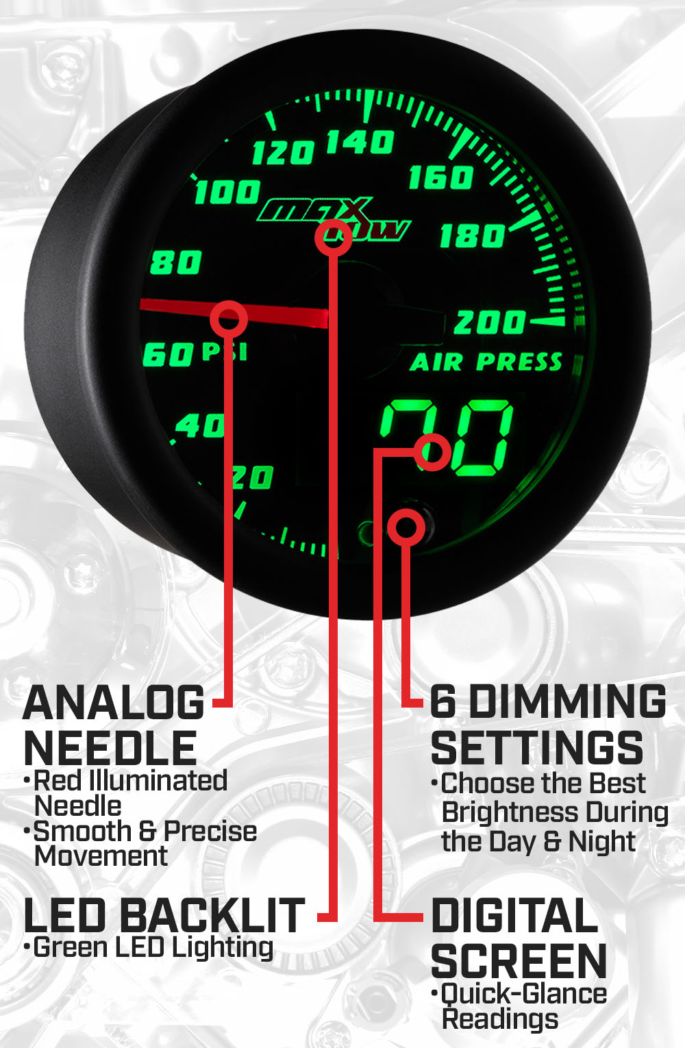 Black & Green Double Vision Air Pressure Gauge Features