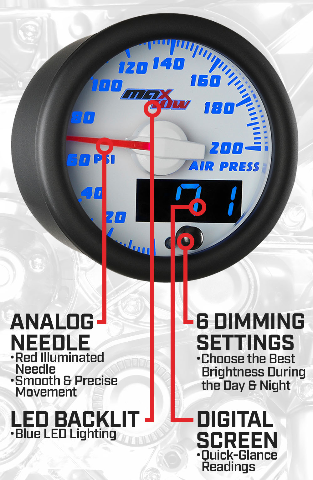 White & Blue Double Vision Air Pressure Gauge Features