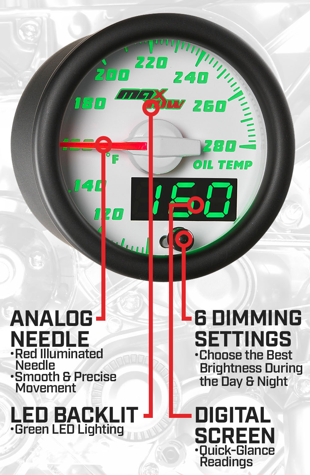 White & Green Double Vision Oil Temperature Gauge Features