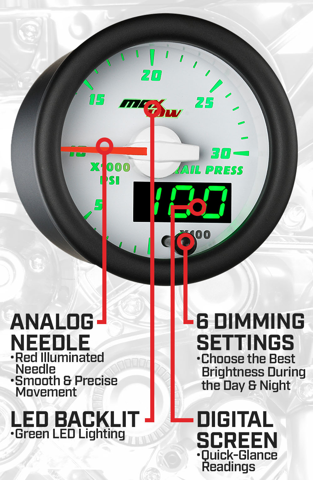 White & Green Double Vision Fuel Rail Pressure Gauge Features