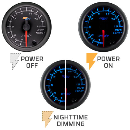 GlowShift 3-in-1 EGT, Boost & Temp Gauge - 2-3/8" 60mm Black Dial, Analog Pyrometer 1500°F, Digital 60 PSI Boost, 300°F Temp
