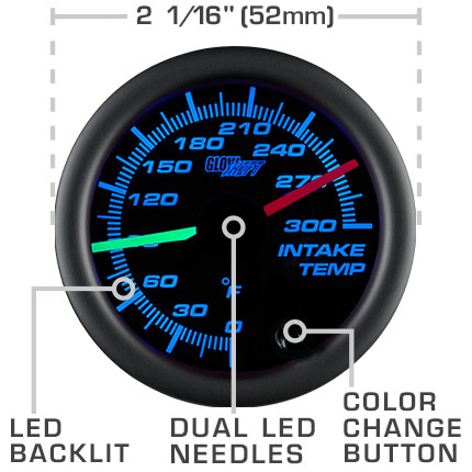 Includes 2 Electronic Sensors 2-1/16 52mm Red & Green Illuminated Analog Needles GlowShift Black 7 Color 300 F Dual Intake Intercooler Temperature Gauge Kit Black Dial Clear Lens 