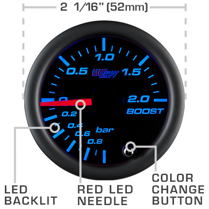 thumbnail image 2 of GlowShift Tinted 7 Color Series 52mm Turbo Boost Gauge -2.0 To 2.0 BAR Mechanical 2 of 3