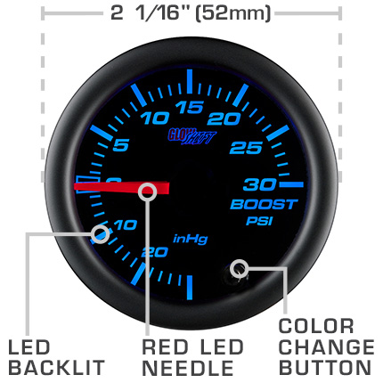 GLOWSHIFT 52mm 7 COLOR TURBO BOOST PSI GAUGE KIT w SMOKED LENS