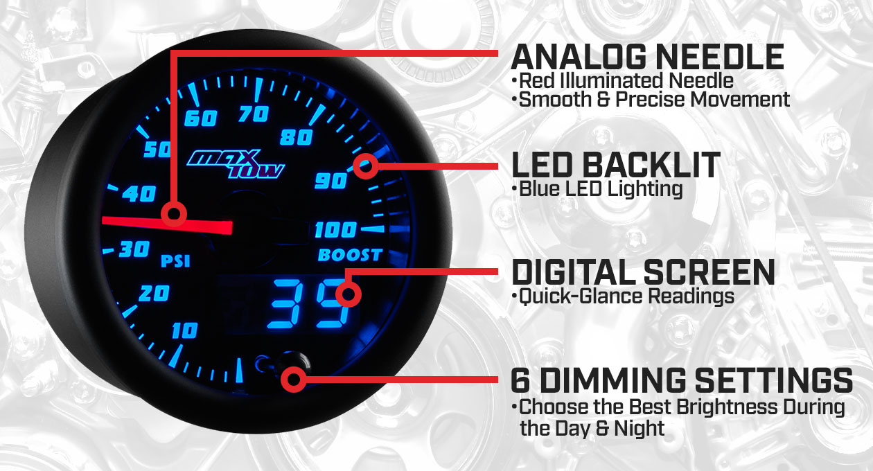 Black & Blue Double Vision 100 PSI Boost Gauge Features