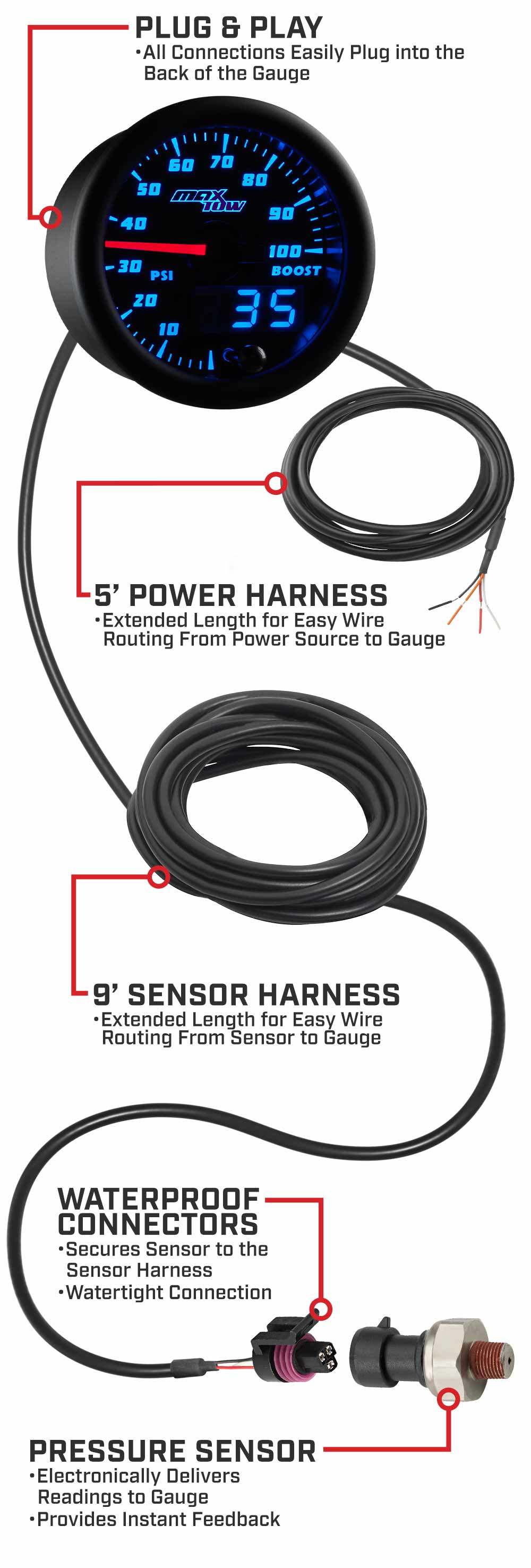 Black & Blue Double Vision 100 PSI Boost Gauge Parts & Wiring