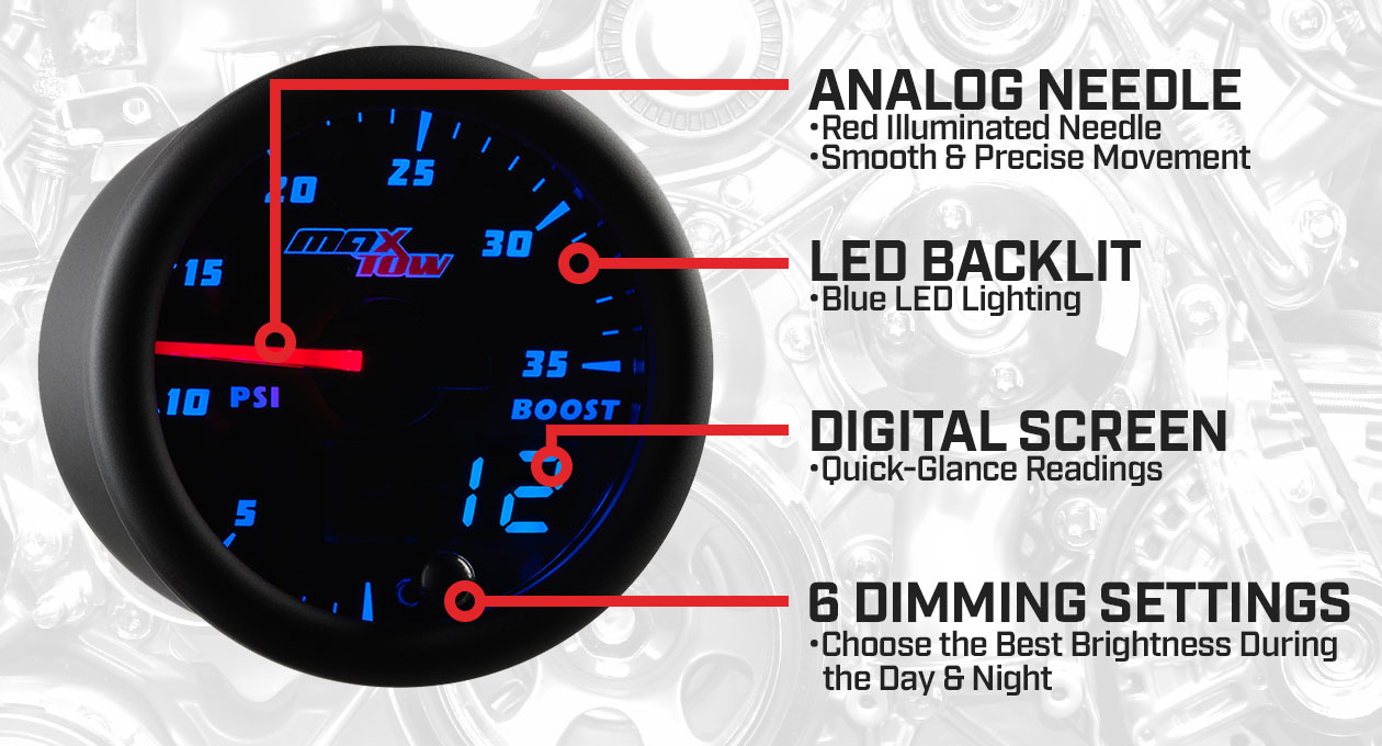 Black & Blue Double Vision 35 PSI Boost Gauge Features