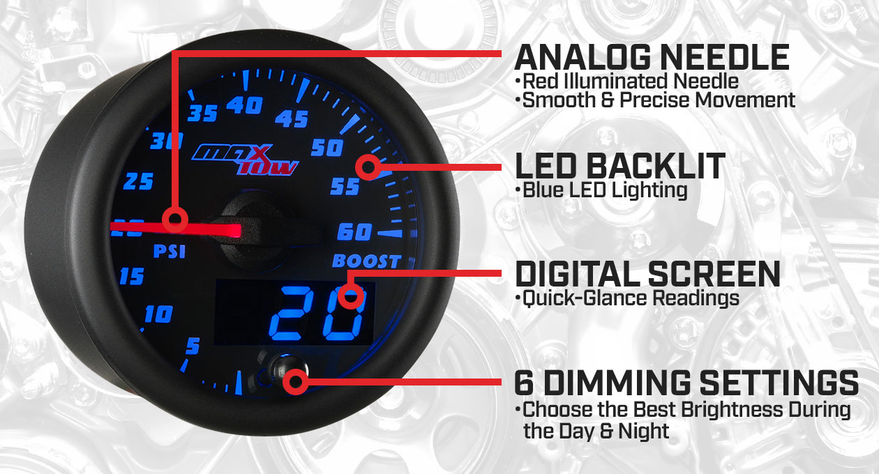 Black & Blue Double Vision 60 PSI Boost Gauge Features