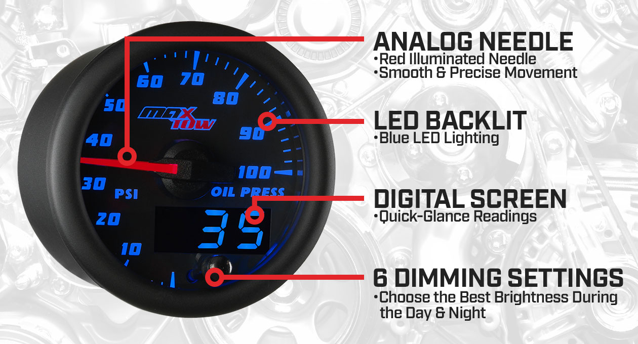 Black & Blue Double Vision Oil Pressure Gauge Features