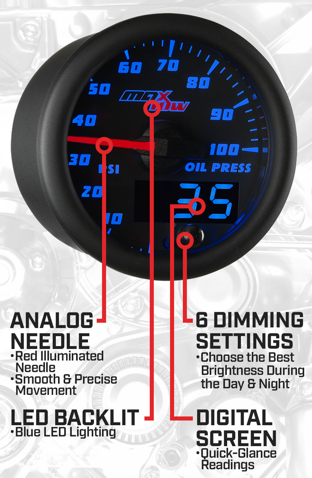 Black & Blue Double Vision Oil Pressure Gauge Features