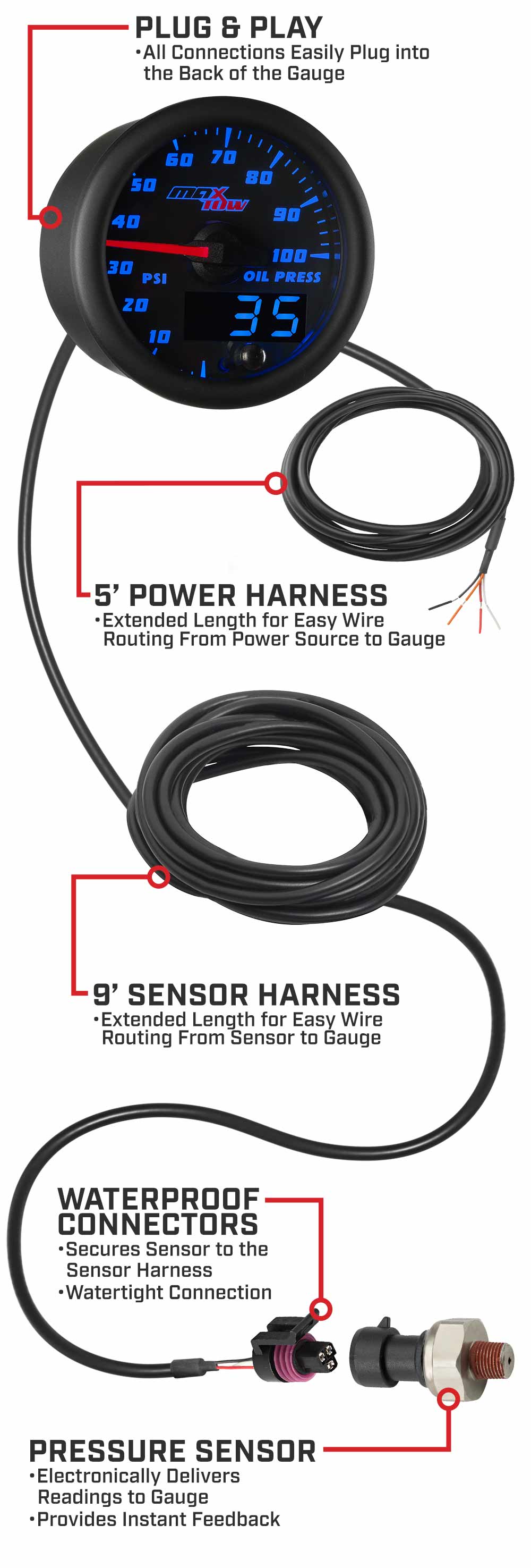 Black & Blue Double Vision Oil Pressure Gauge Parts & Wiring