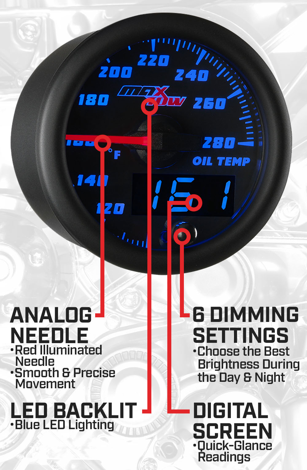 Black & Blue Double Vision Oil Temperature Gauge Features