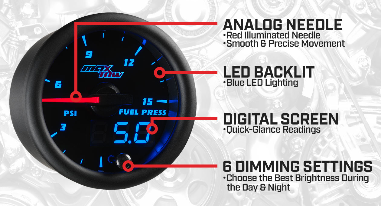 Black & Blue Double Vision 15 PSI Fuel Pressure Gauge Features