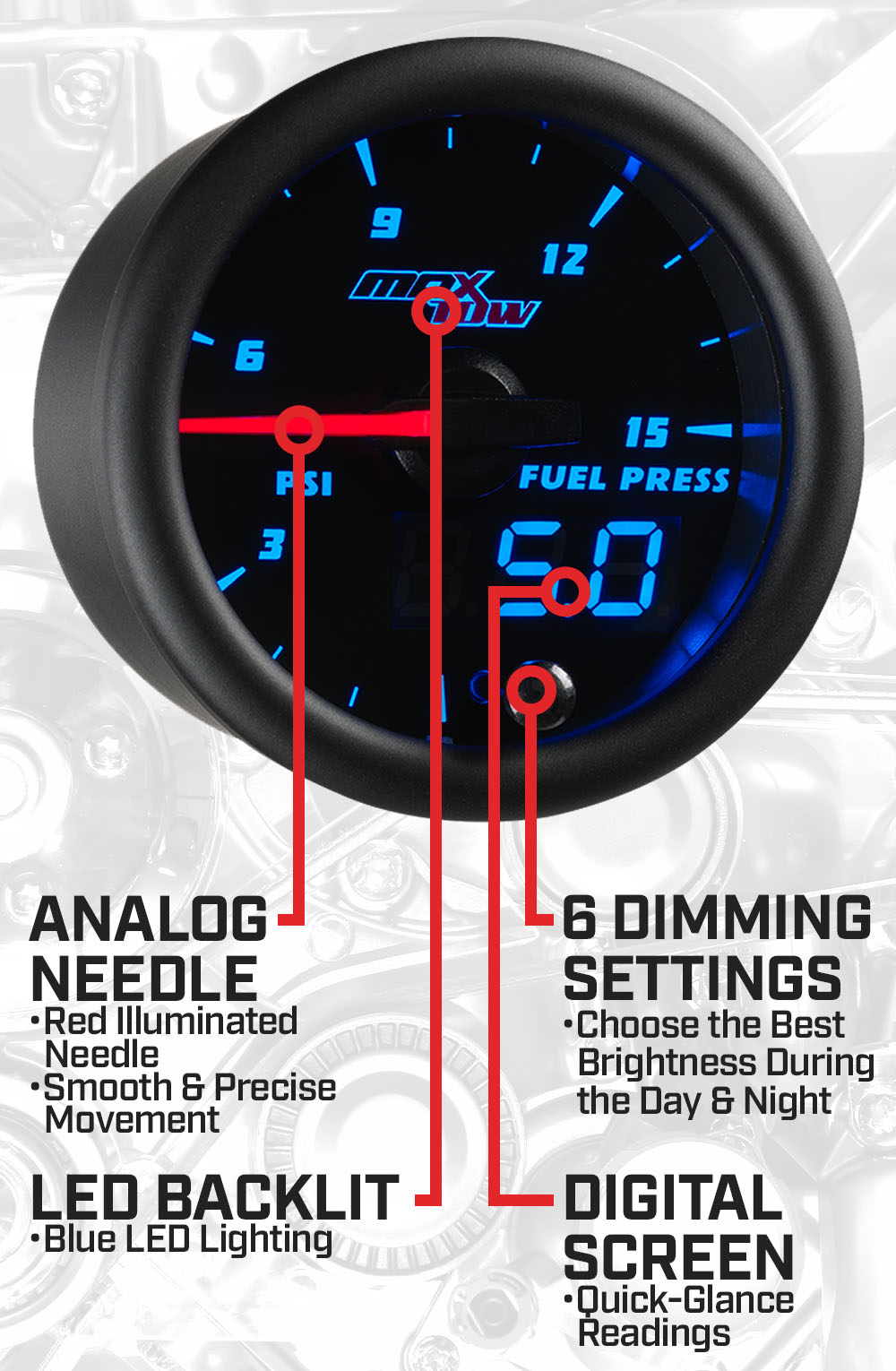 Black & Blue Double Vision 15 PSI Fuel Pressure Gauge Features