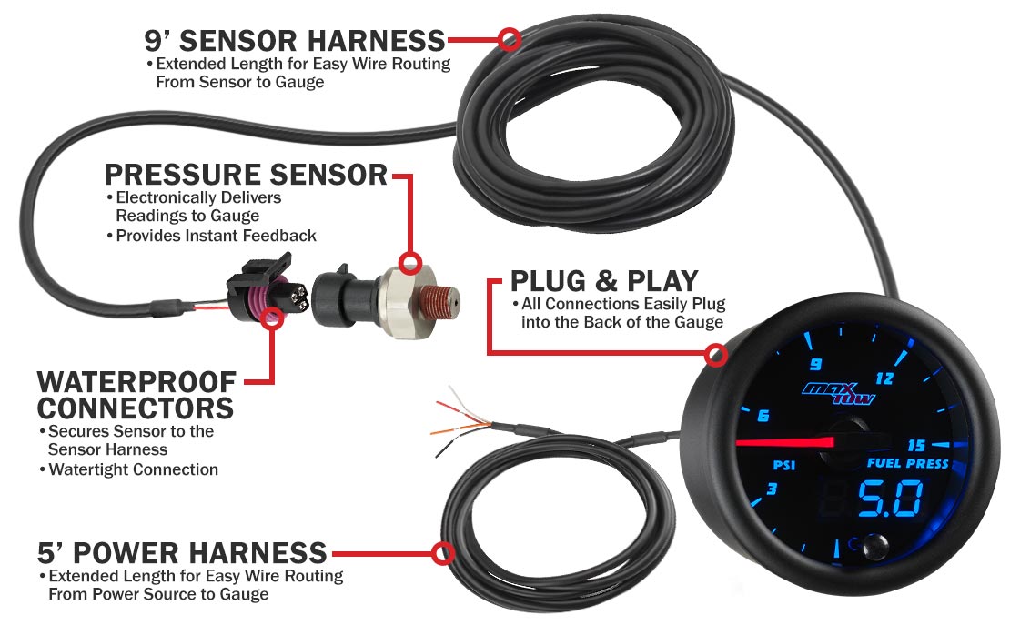 Black & Blue Double Vision 15 PSI Fuel Pressure Gauge Parts & Wiring