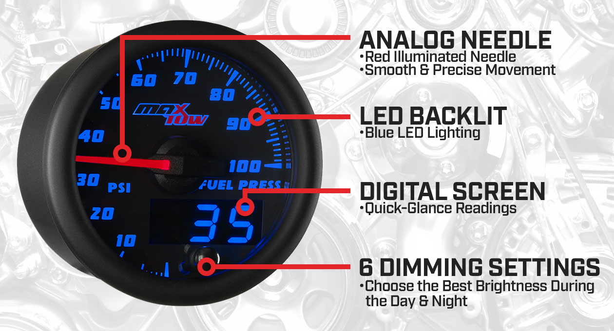 Black & Blue Double Vision 100 PSI Fuel Pressure Gauge Features