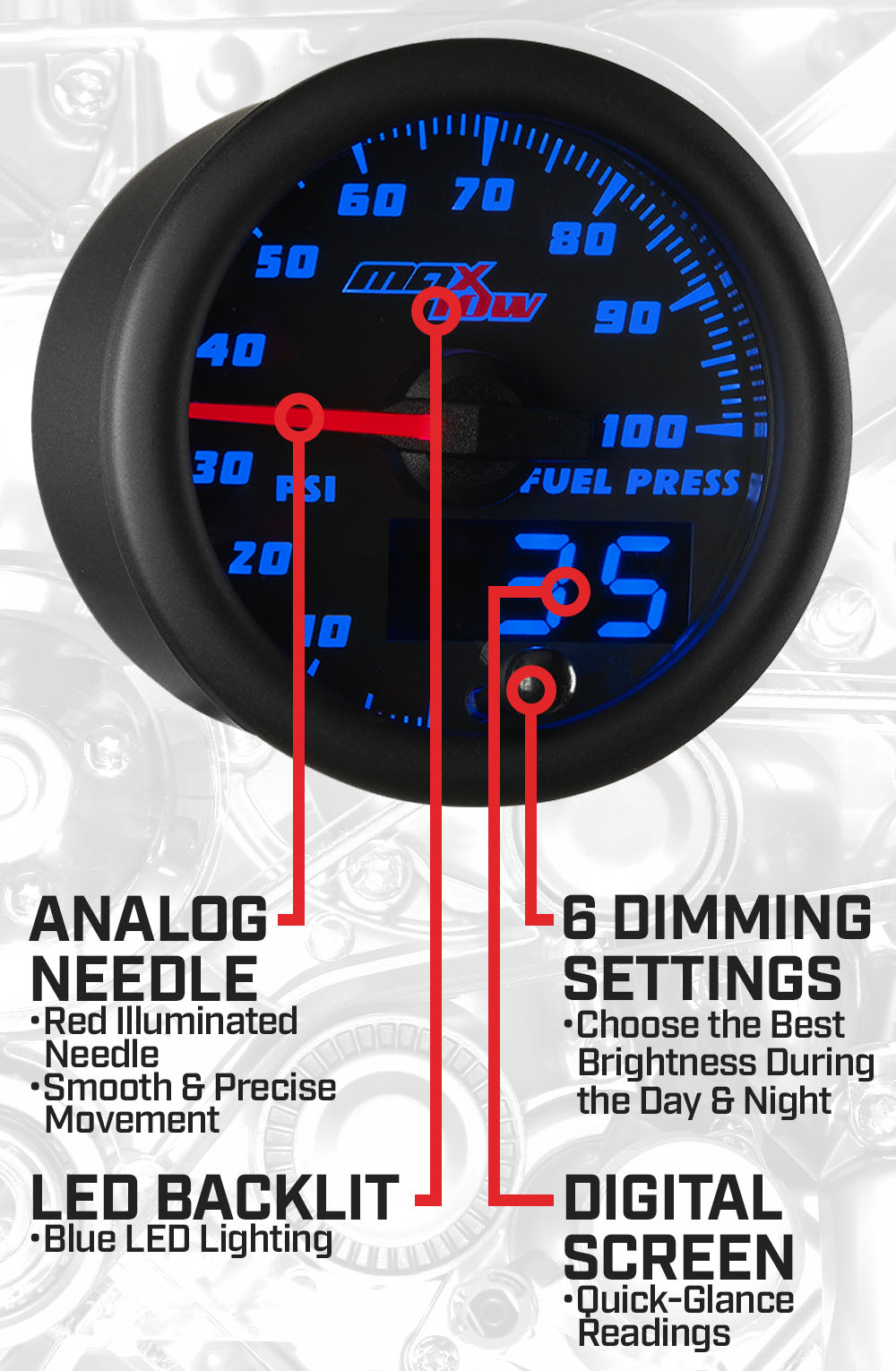 Black & Blue Double Vision 100 PSI Fuel Pressure Gauge Features
