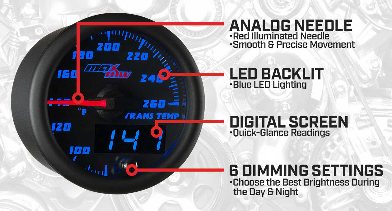 GlowShift MaxTow Black  Blue Double Vision™ Trans Temp Gauge For Trucks