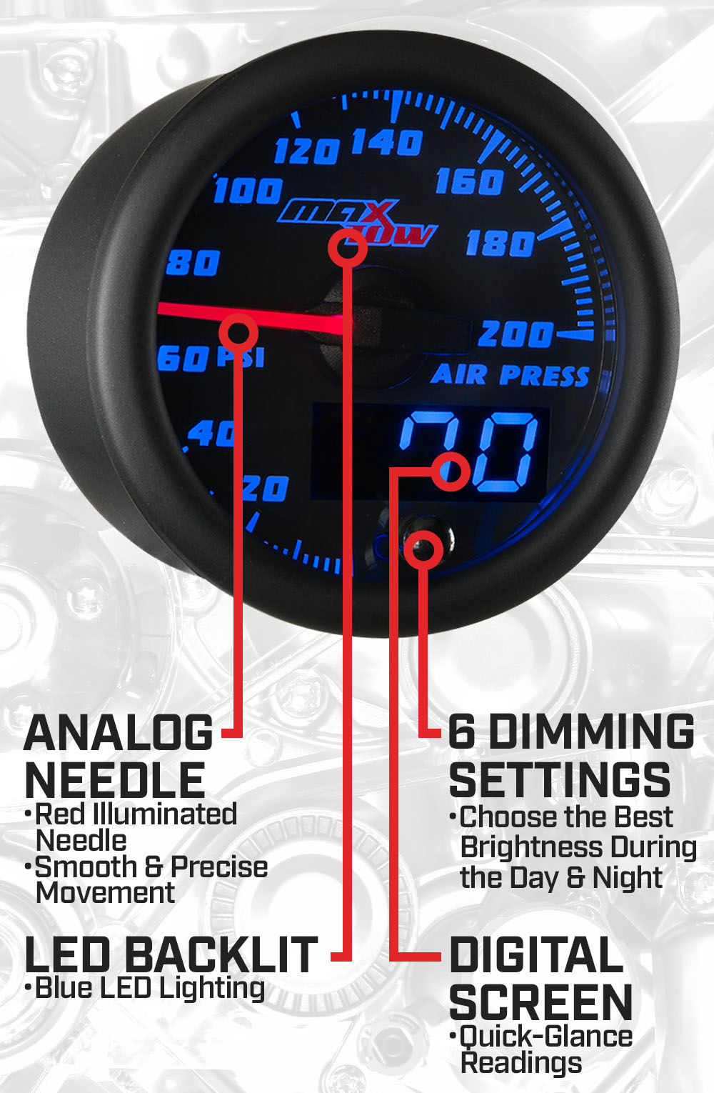 Black & Blue Double Vision Air Pressure Gauge Features