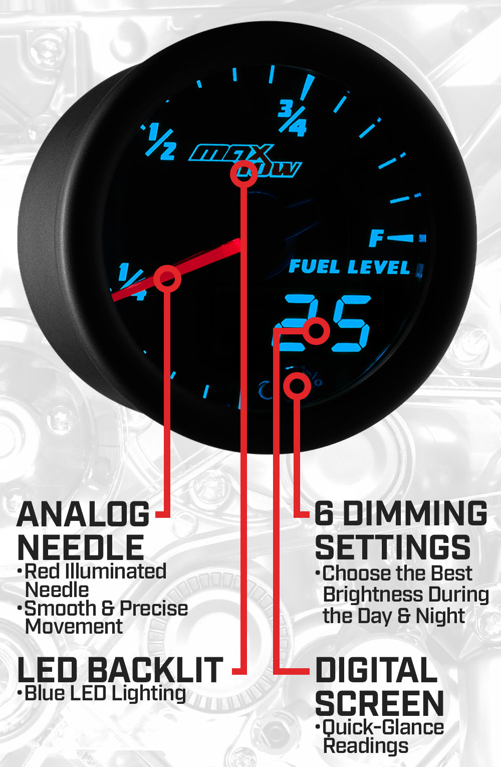 Black & Blue Double Vision Fuel Level Gauge Features