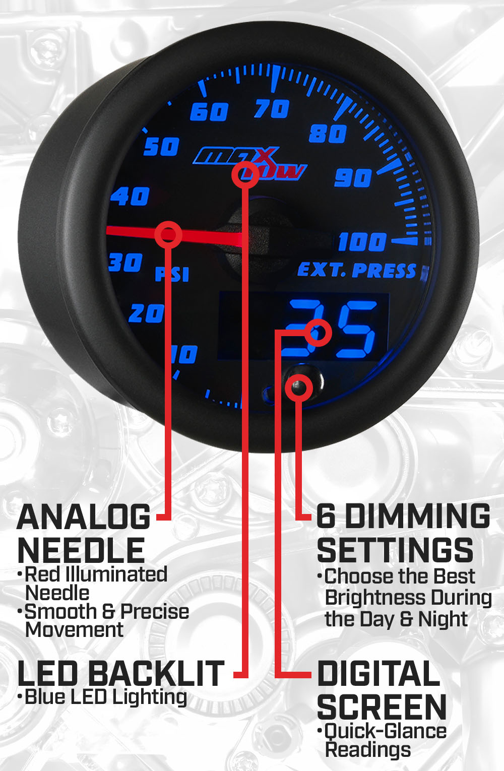 Black & Blue Double Vision 100 PSI Drive Pressure Gauge Features