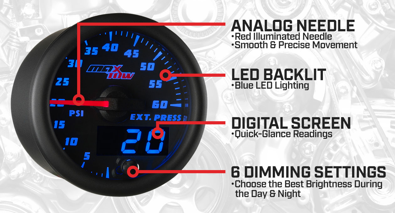 Black & Blue Double Vision 60 PSI Drive Pressure Gauge Features