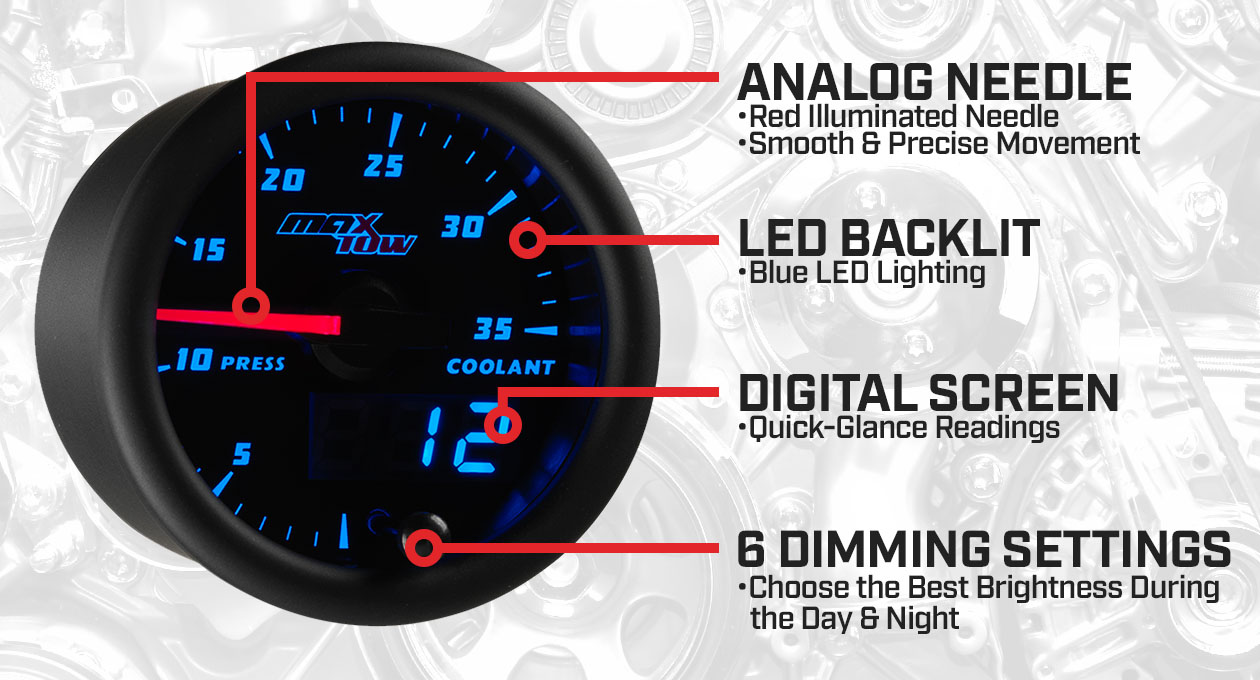 Black & Blue Double Vision 35 PSI Coolant Pressure Gauge Features