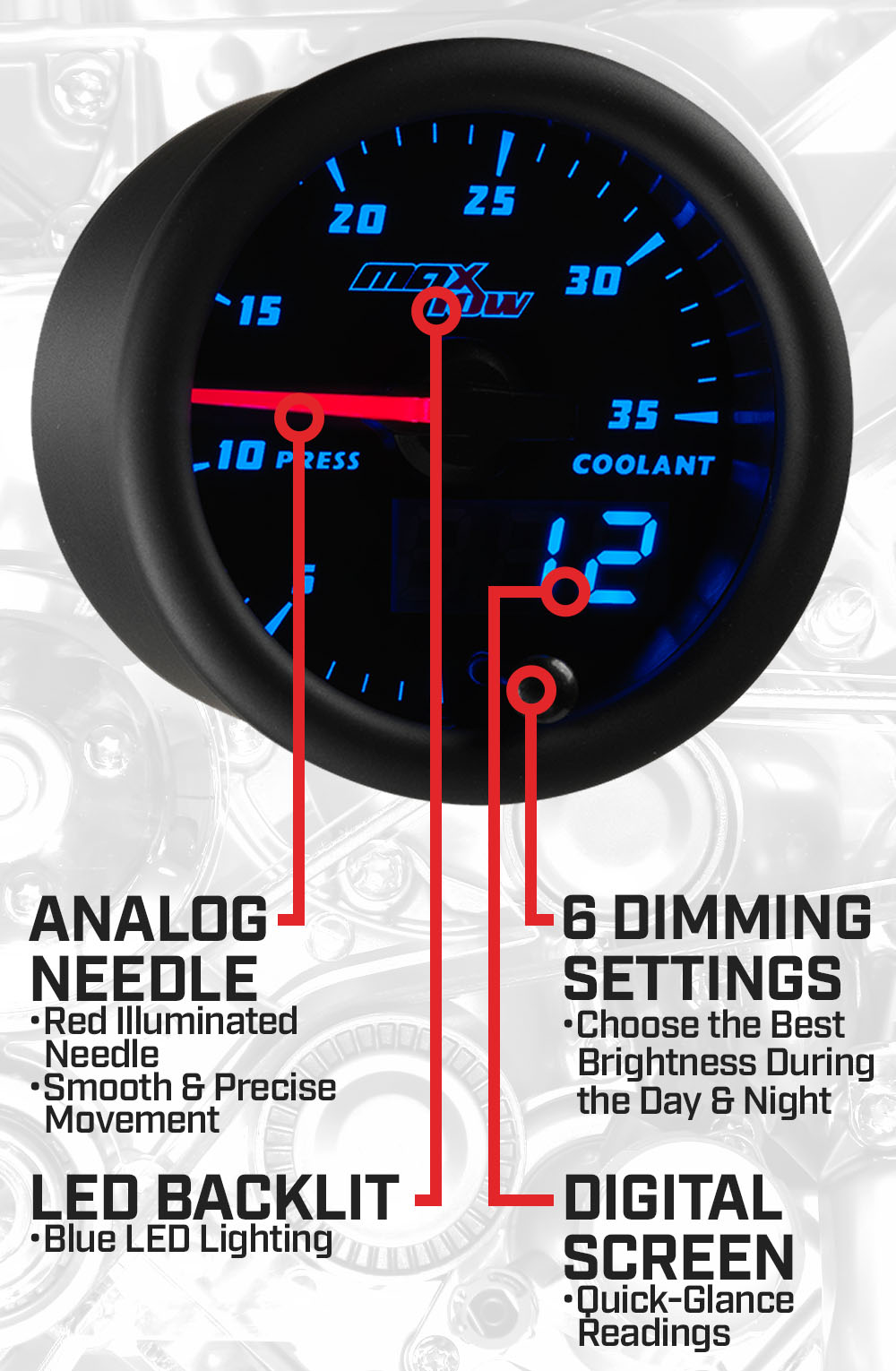 Black & Blue Double Vision 35 PSI Coolant Pressure Gauge Features