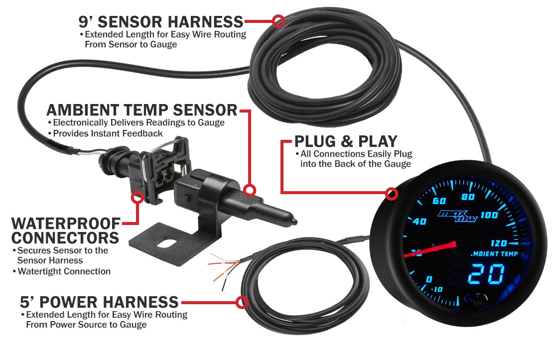 Black & Blue Double Vision Outside Air Temperature Gauge Parts & Wiring