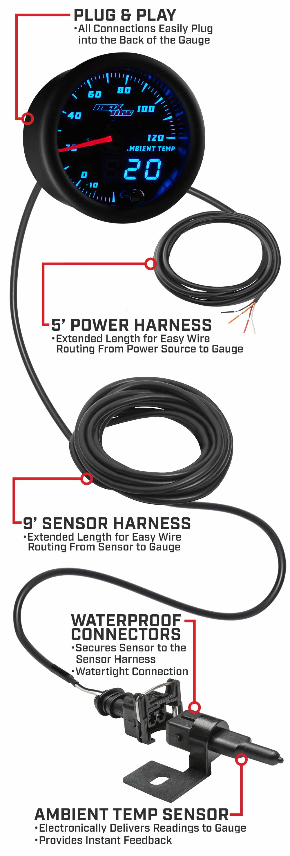 Black & Blue Double Vision Outside Air Temperature Gauge Parts & Wiring