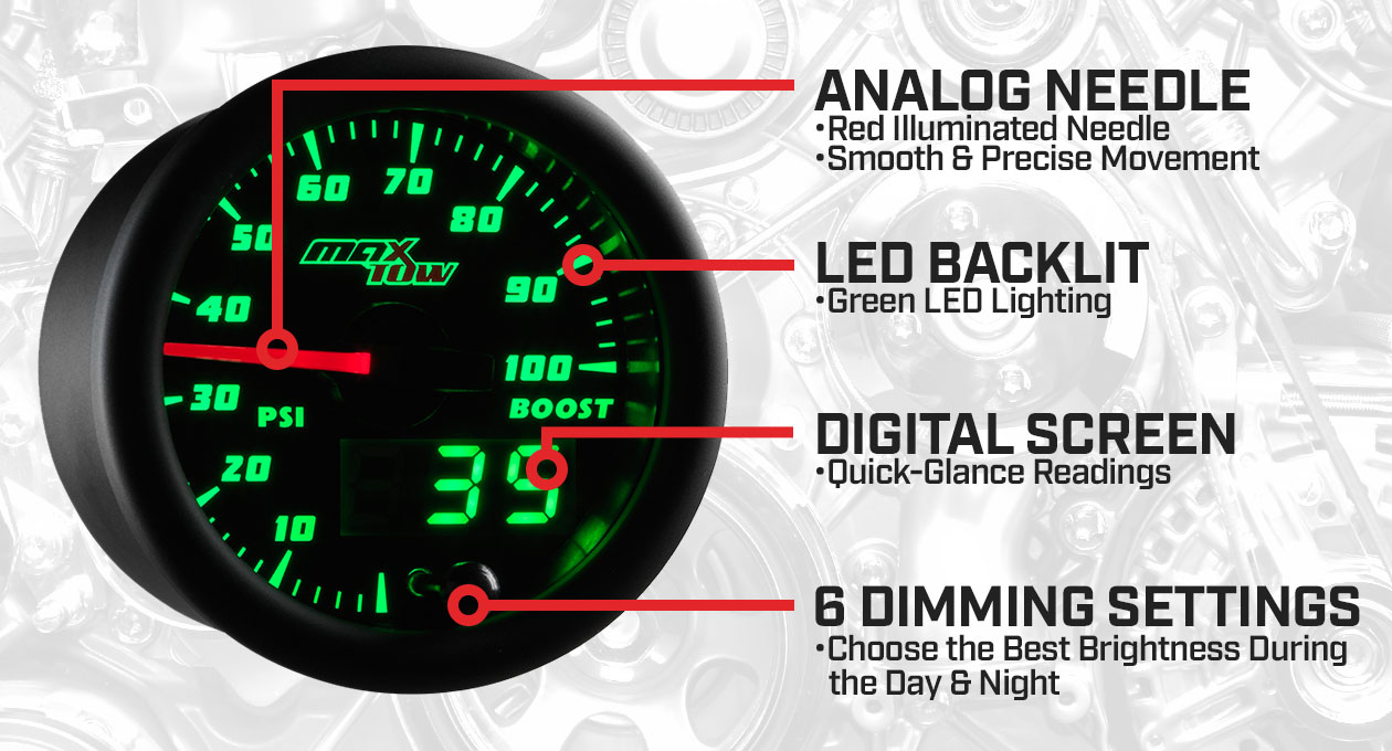 Black & Green Double Vision 100 PSI Boost Gauge Features