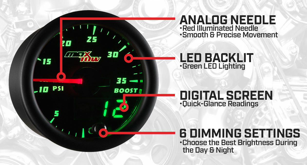 Black & Green Double Vision 35 PSI Boost Gauge Features