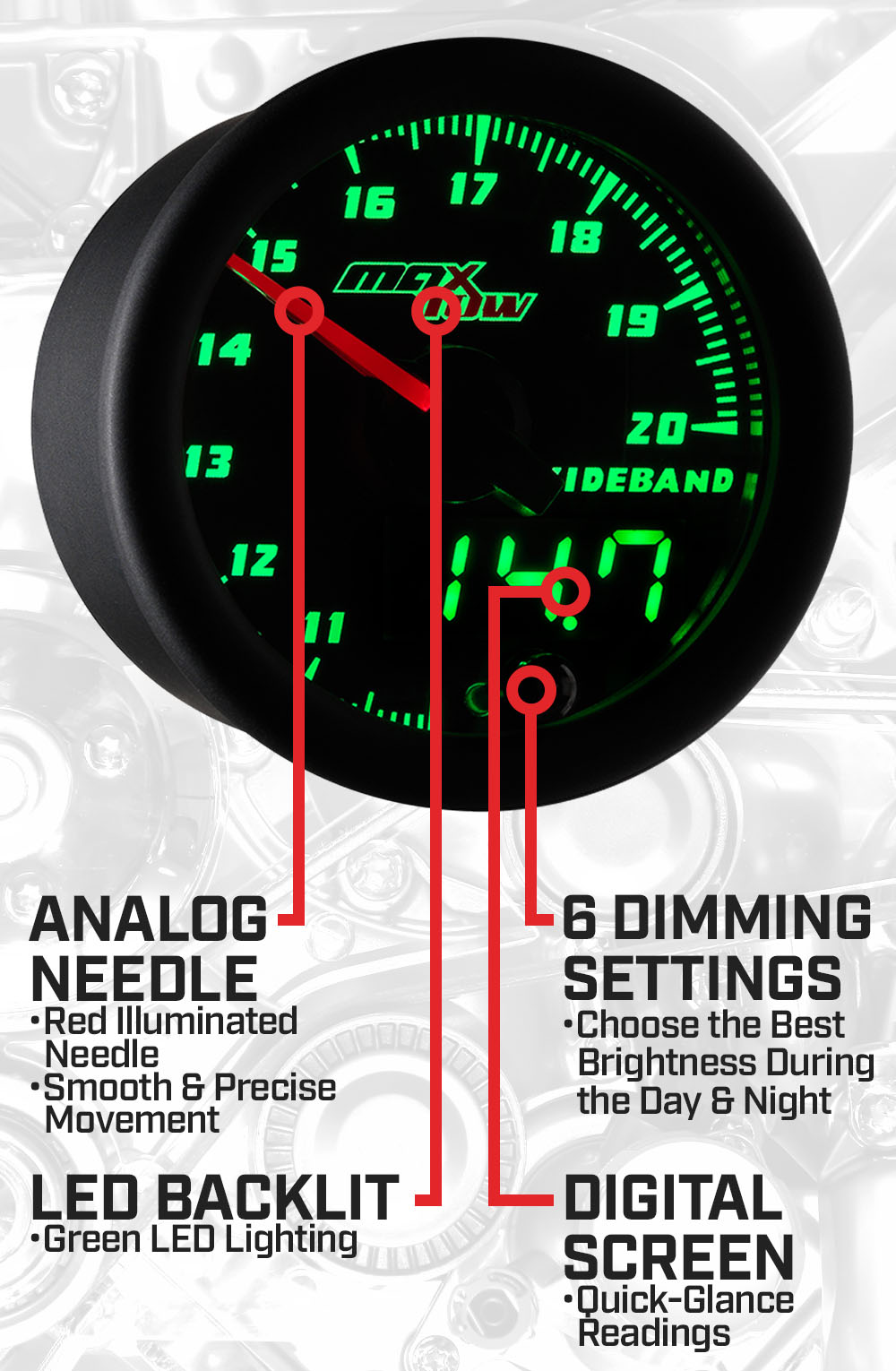 Black & Green Double Vision Wideband Air Fuel Ratio Gauge Features