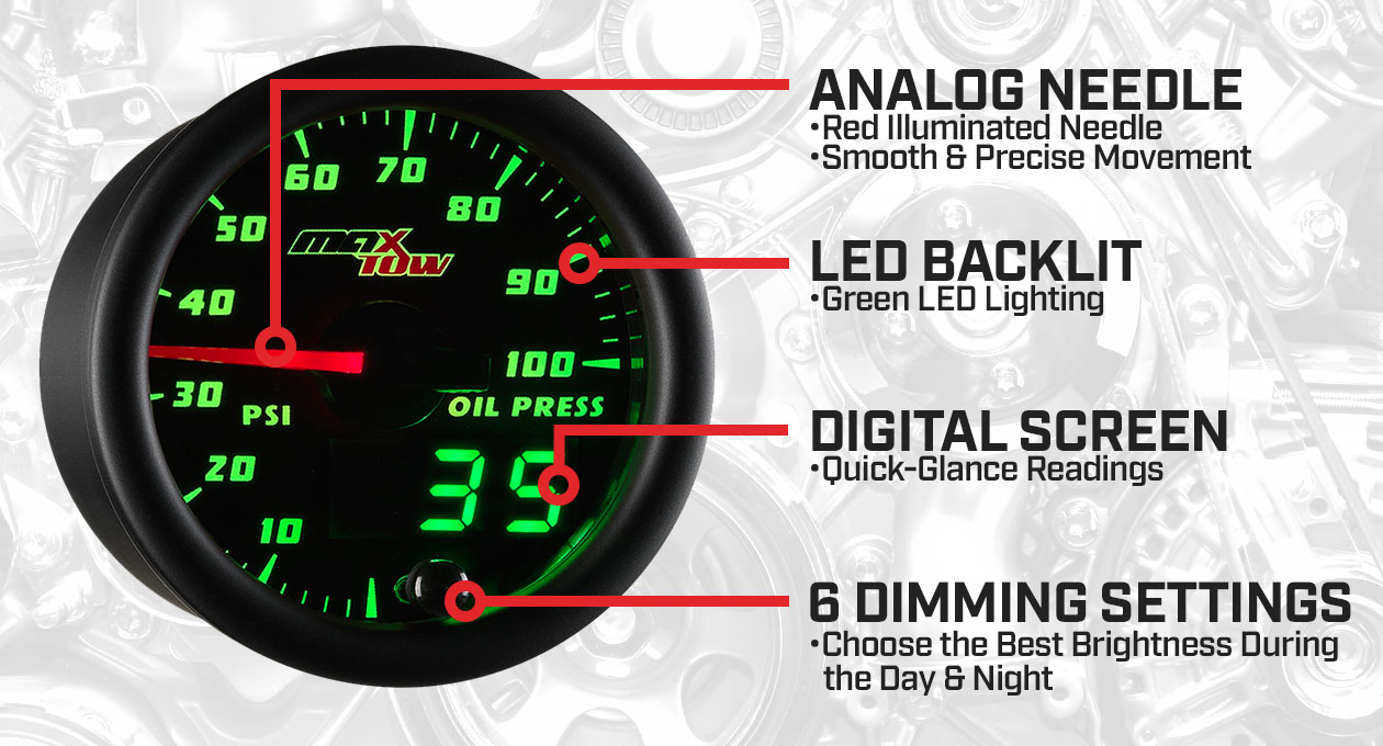 Black & Green Double Vision Oil Pressure Gauge Features