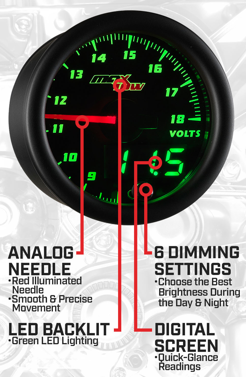 Black & Green Double Vision Voltage Gauge Features