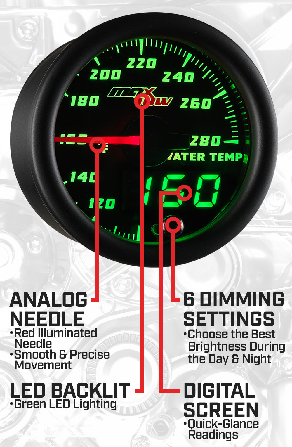 Black & Green Double Vision Water Temperature Gauge Features