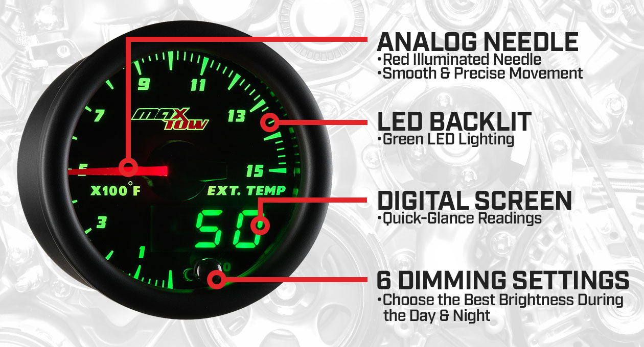 Black & Green Double Vision 1500F Pyrometer EGT Gauge Features