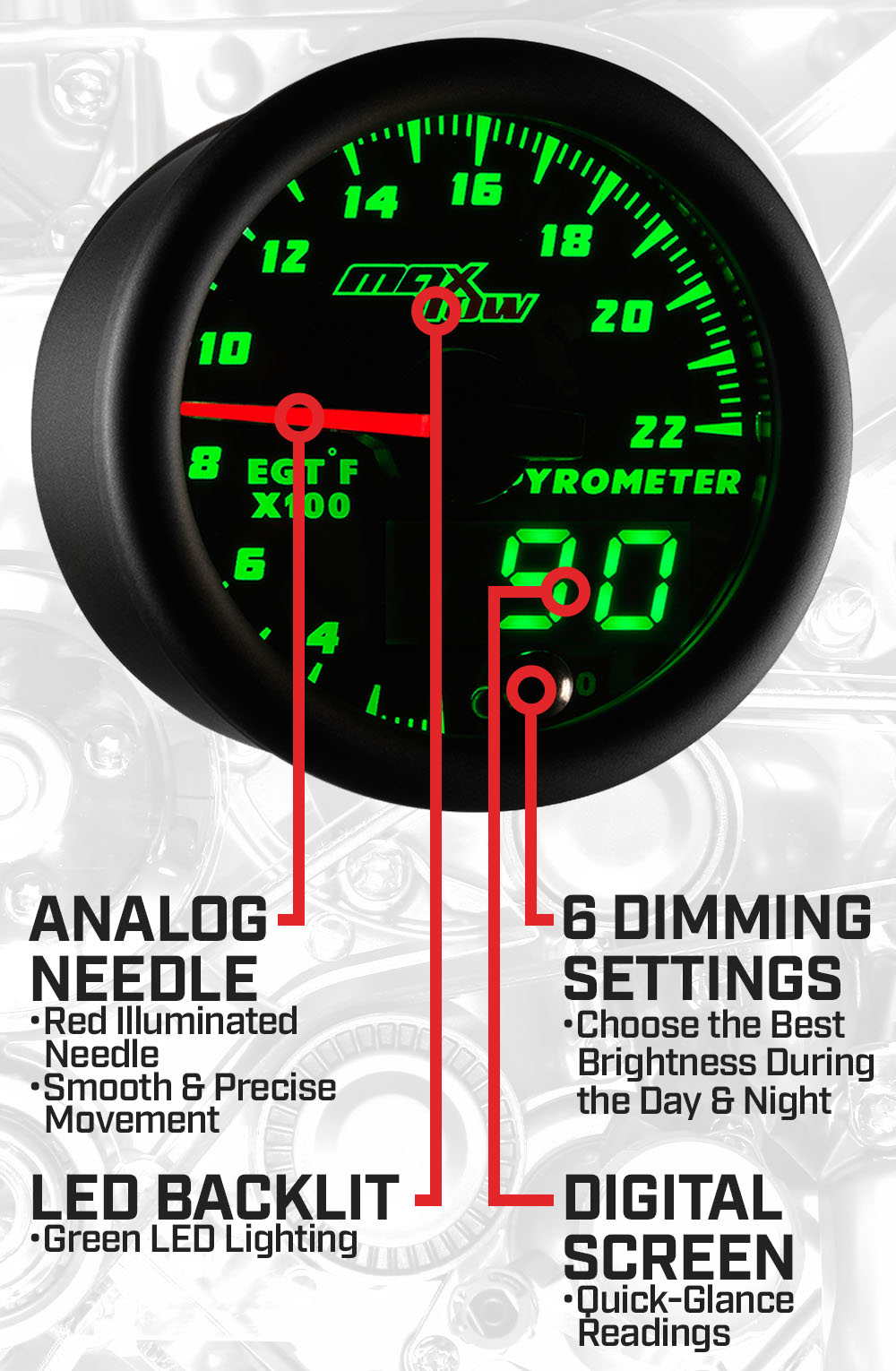 Black & Green Double Vision 2200F Pyrometer EGT Gauge Features