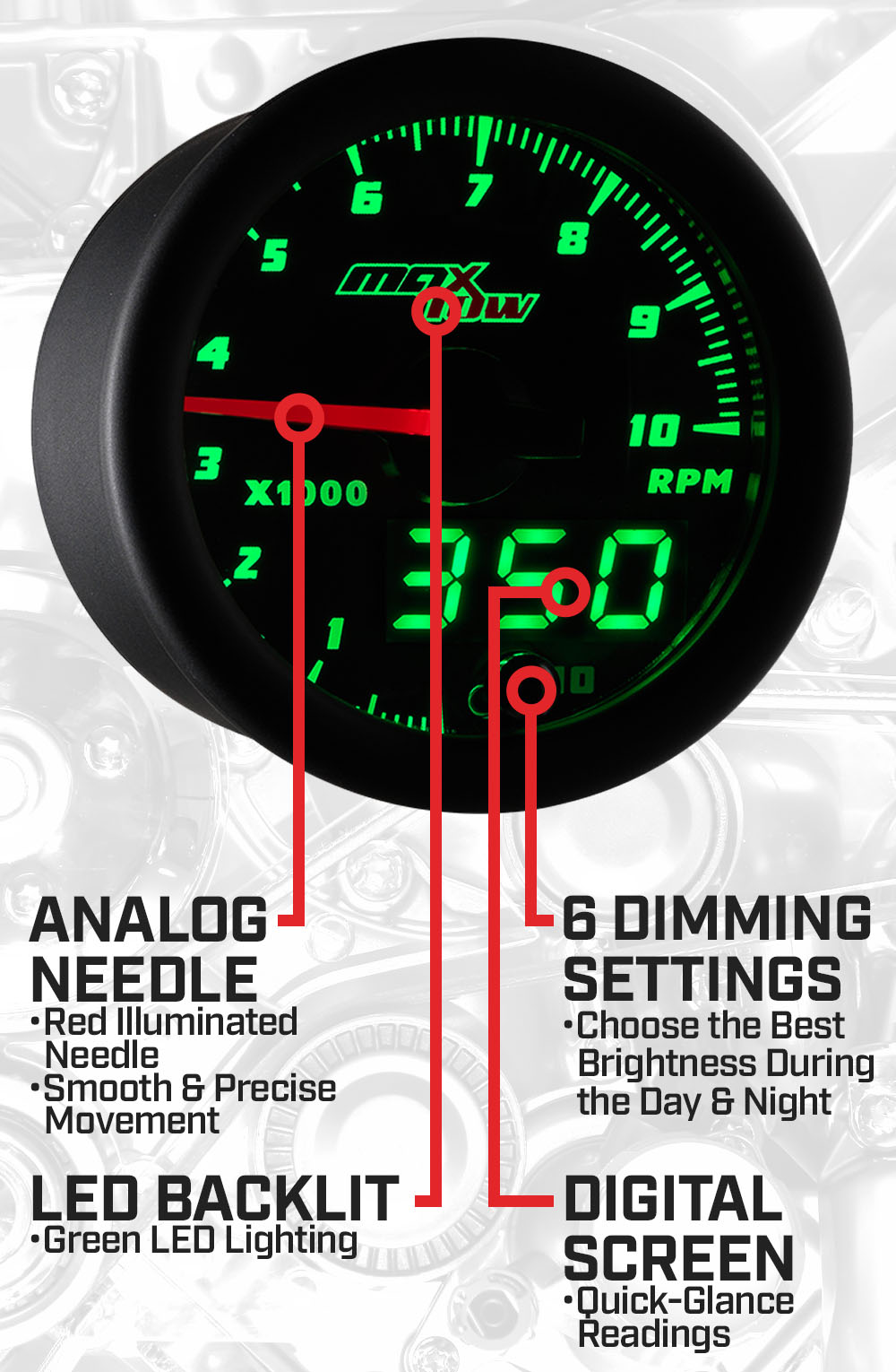 Black & Green Double Vision Tach Gauge Features