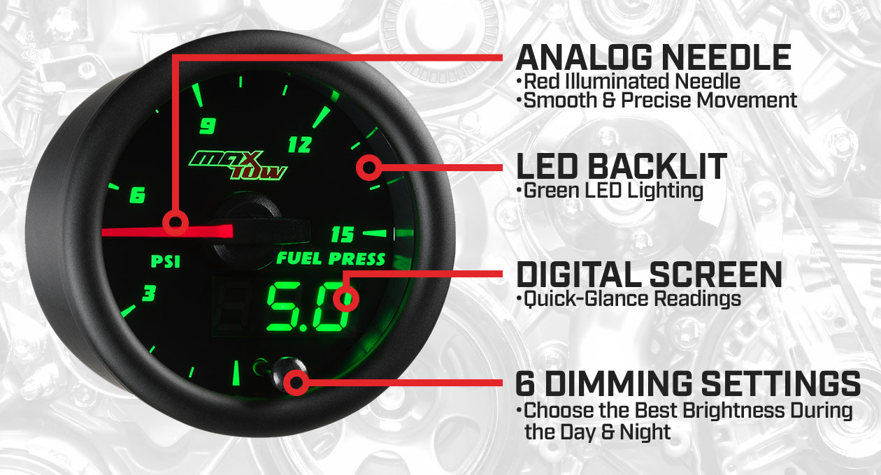 Black & Green Double Vision 15 PSI Fuel Pressure Gauge Features