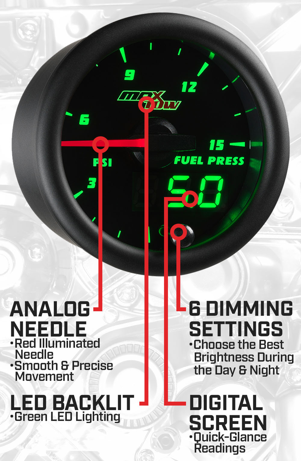 Black & Green Double Vision 15 PSI Fuel Pressure Gauge Features