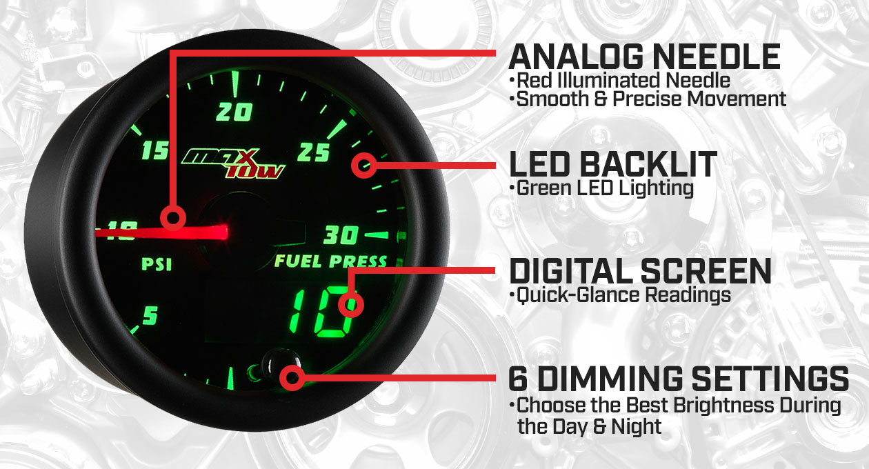 Black & Green Double Vision 30 PSI Fuel Pressure Gauge Features