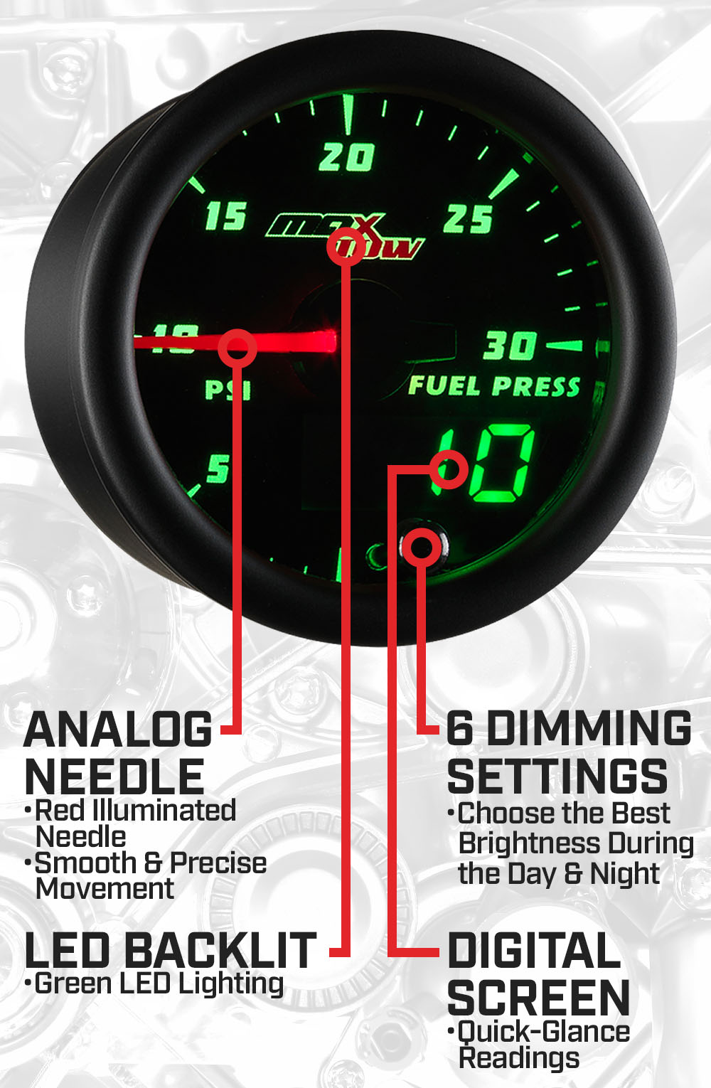 Black & Green Double Vision 30 PSI Fuel Pressure Gauge Features