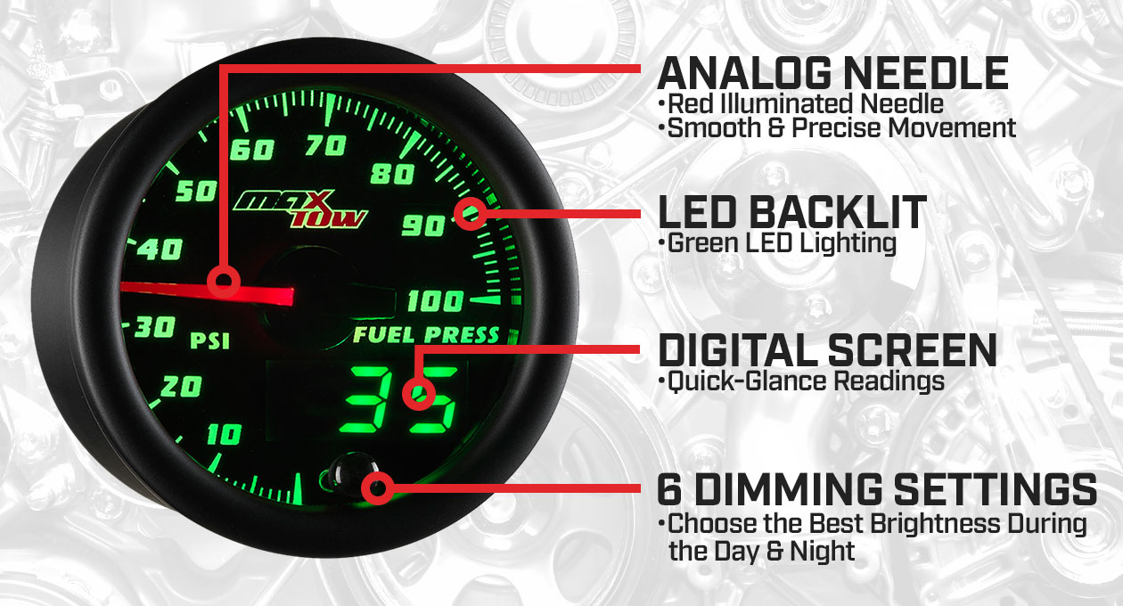 Black & Green Double Vision 100 PSI Fuel Pressure Gauge Features